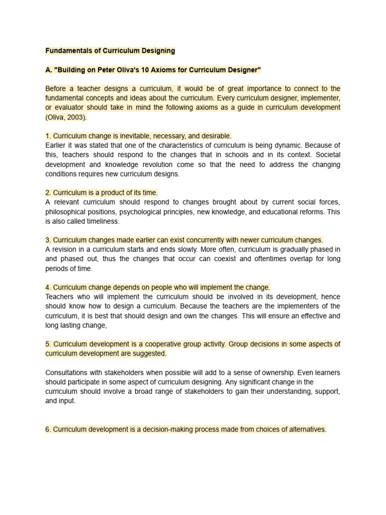 Oliva's 10 Axioms for Curriculum Design | PDF | Educational Assessment ...