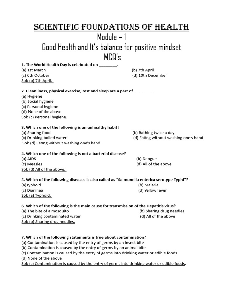 Health Foundations MCQs and Answers | PDF | Foods
