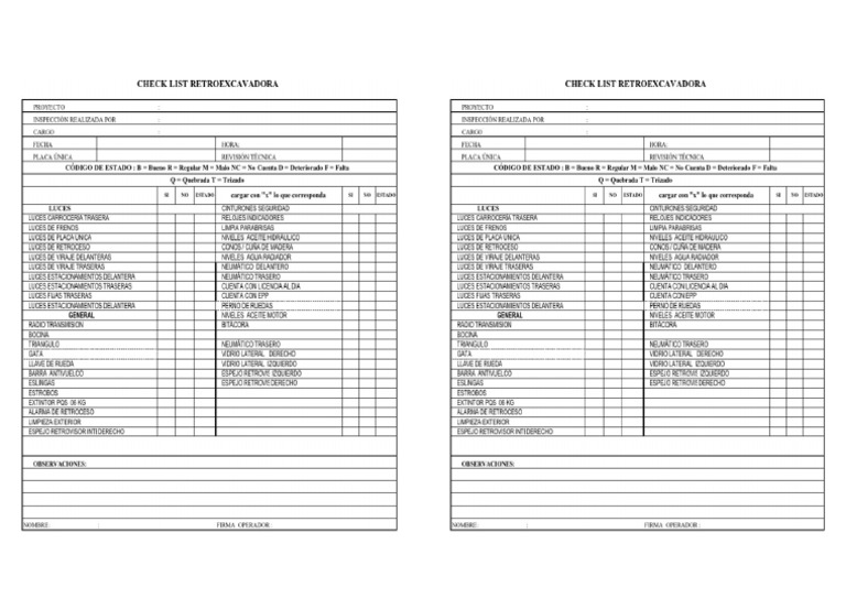Check List Retroexcavadora PDF | PDF