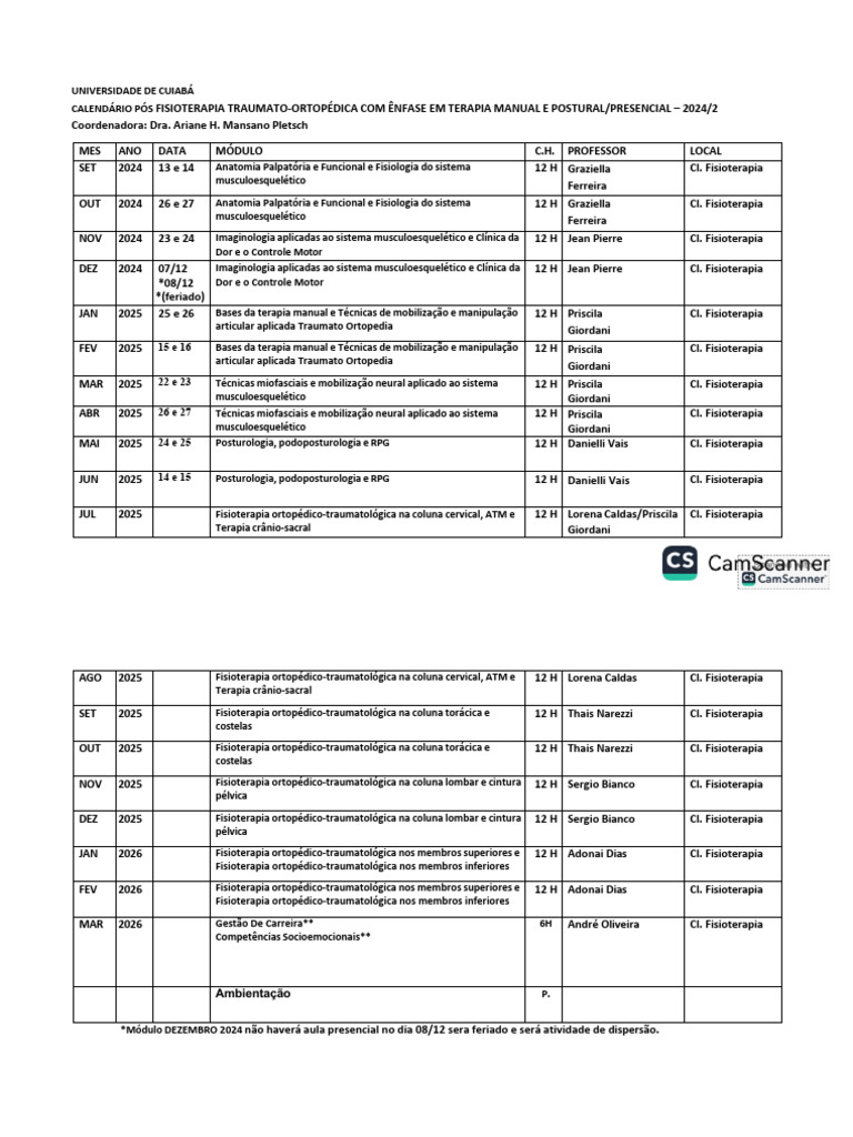 Calendário Pós Fisioterapia 2024/2025 | PDF | Fisioterapia | Coluna ...