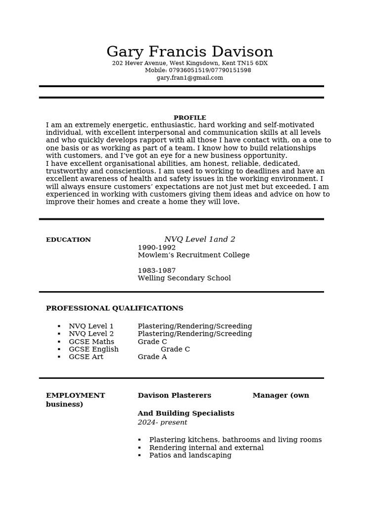 Experienced Plasterer and Coach Resume | PDF