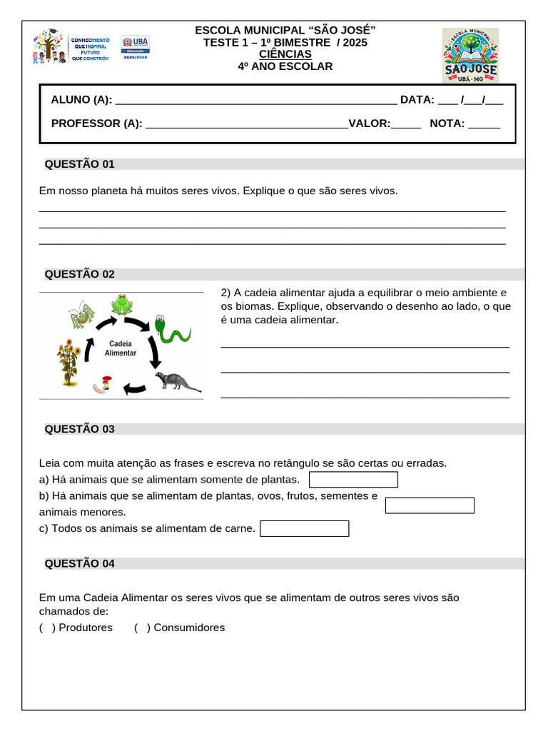 Teste de Ciências 4º Ano - 1º Bimestre | PDF