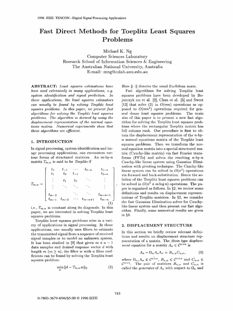 Fast Algorithms for Toeplitz Problems | PDF | Matrix (Mathematics ...