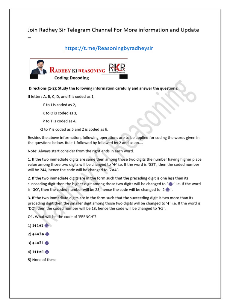 Coding Decoding Mains Practice Set by Radhey Sir | PDF | Vowel | Consonant