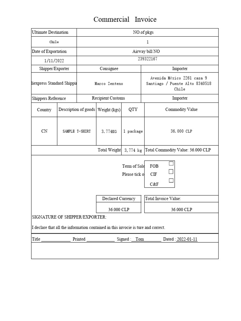 CLP Commercial Invoice for Shipment | PDF