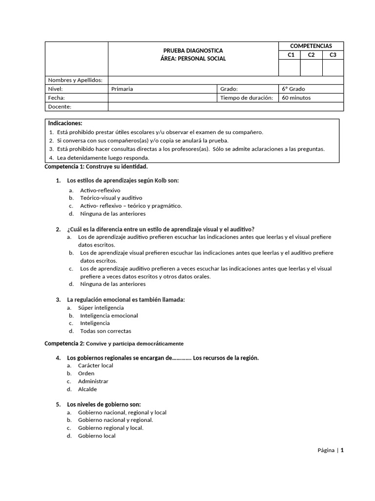 Prueba Diagnóstica de Personal Social 6º Grado | PDF | Democracia ...