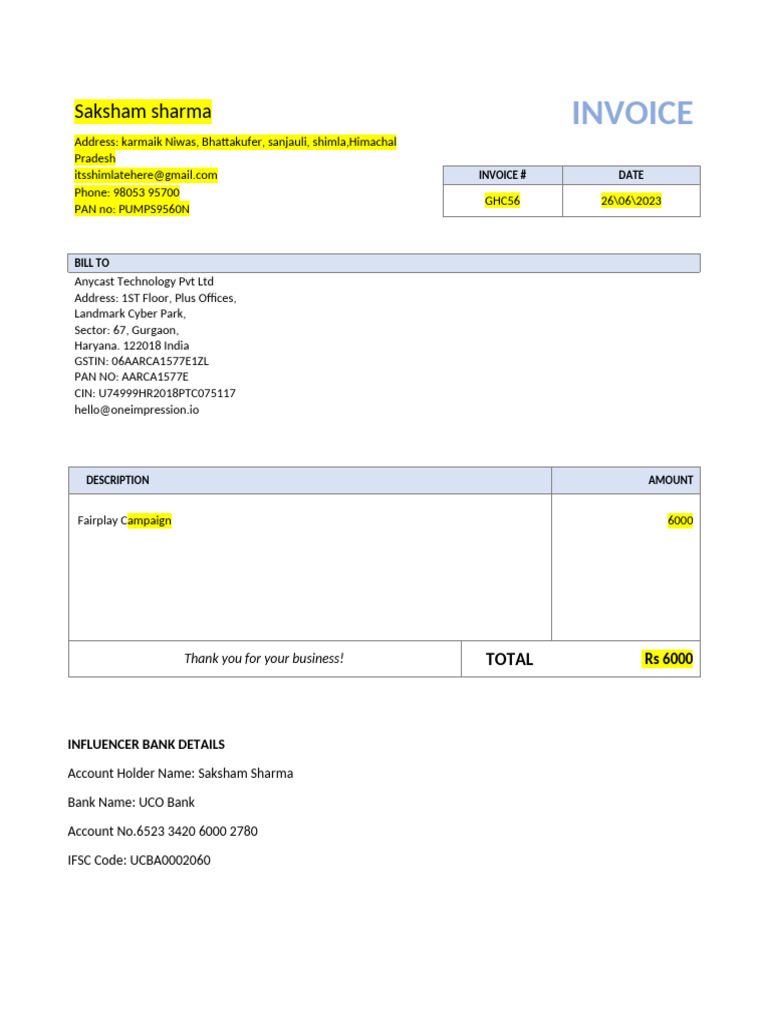 Invoice for Fairplay Campaign Services | PDF