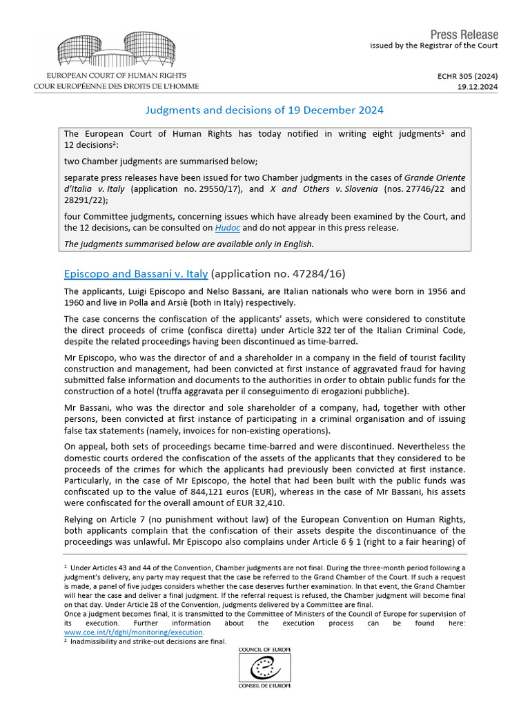 ECHR Judgments Summary - December 2024 | PDF | European Convention On ...