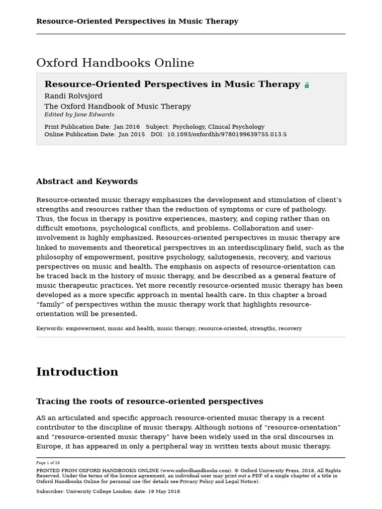 Resource-Oriented Perspectives in Music Therapy | PDF