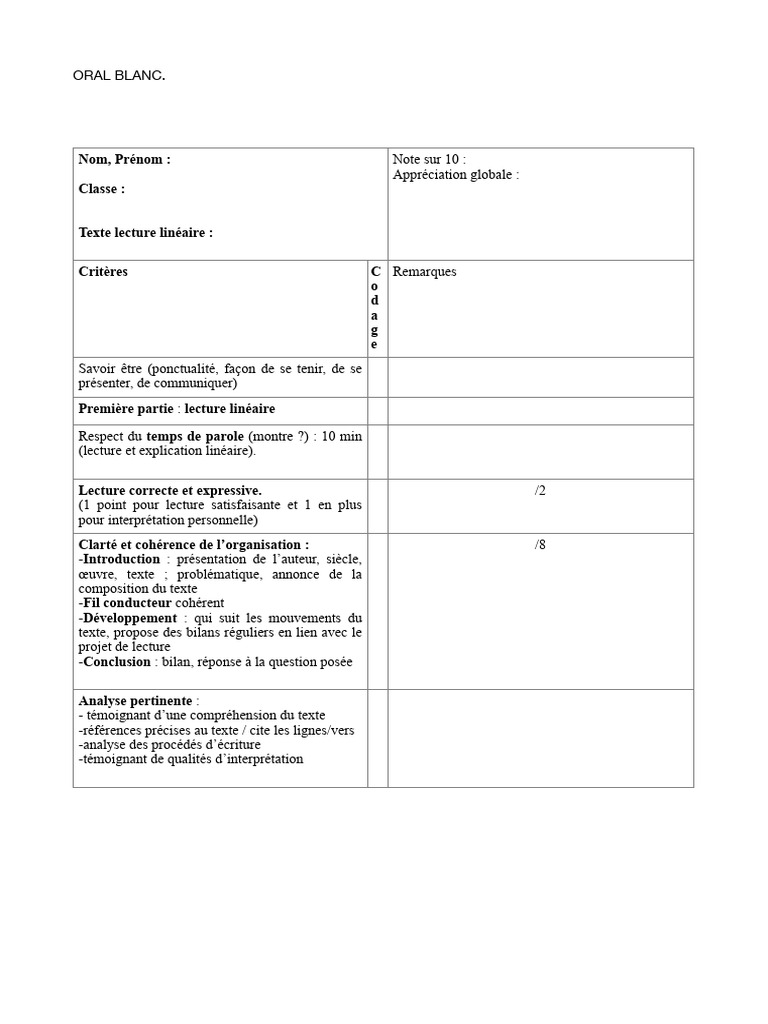 Note de Lecture Linéaire Oral | PDF