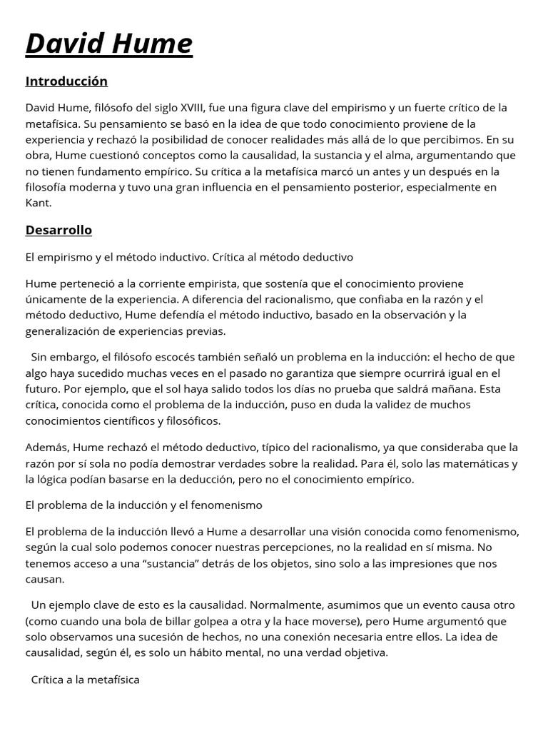 David Hume: Crítica al Empirismo y Metafísica | PDF | David Hume ...