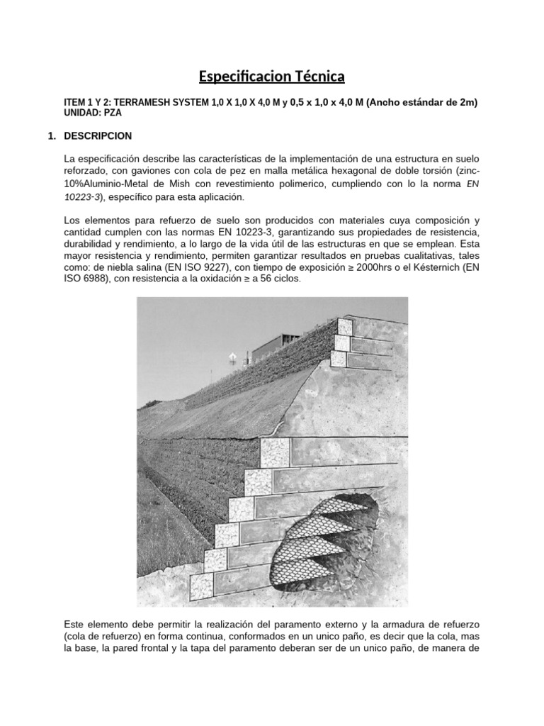 Especificaciones Técnicas de Terramesh y Gaviones | PDF | Cable | Zinc