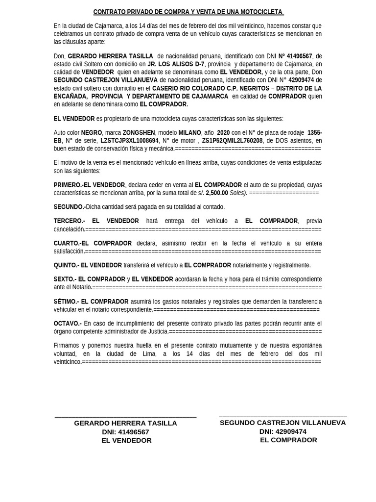 Contrato de Compra Venta Motocicleta 2025 | PDF | Perú