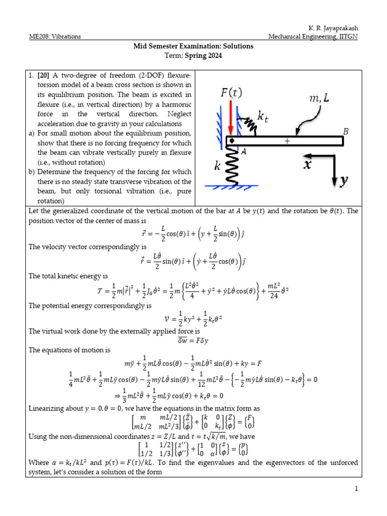 ME208 Spring2024 MidSem Exam Solutions | PDF | Oscillation | Force