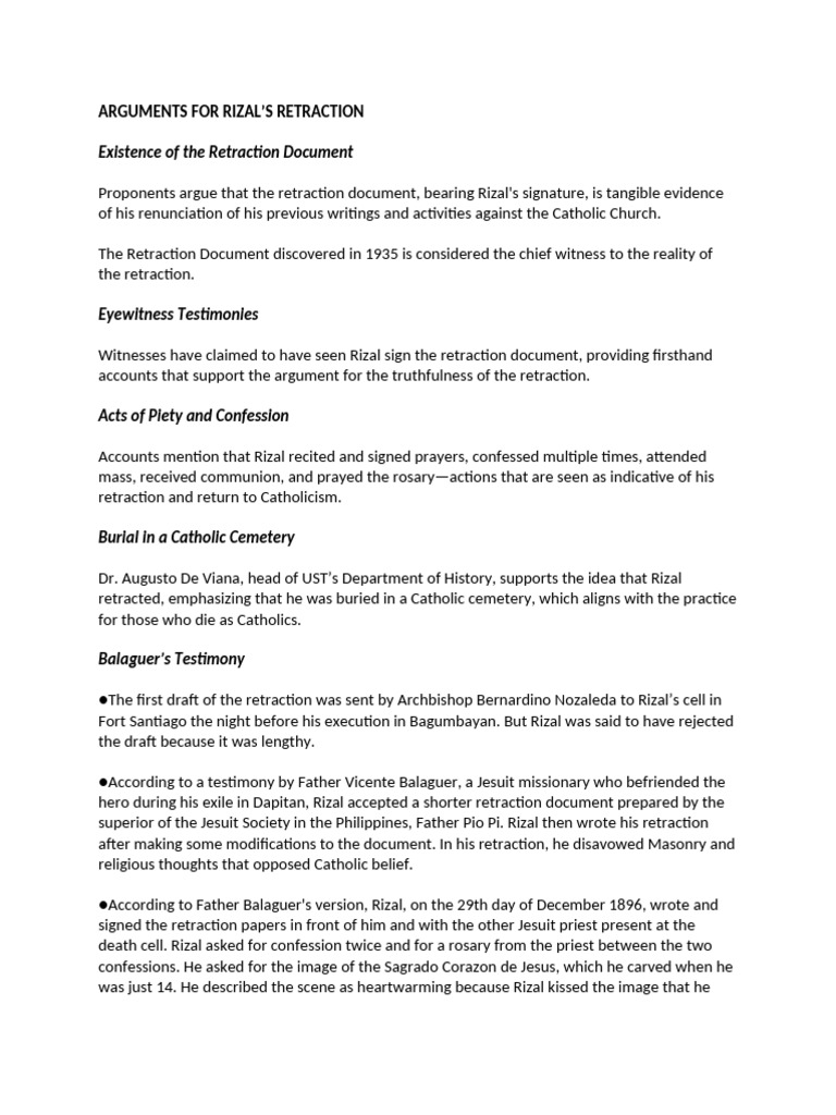 Arguments for Rizal's Retraction Document | PDF