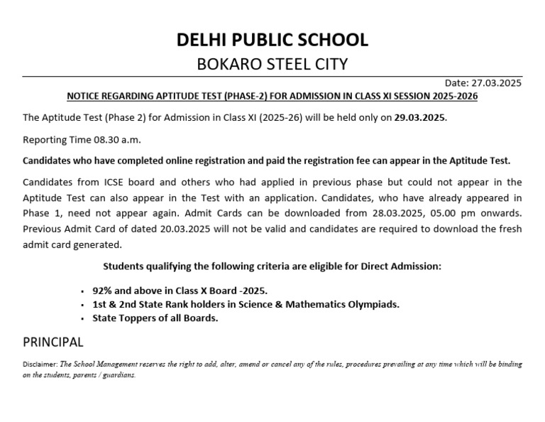 Class XI Admission Aptitude Test Notice | PDF
