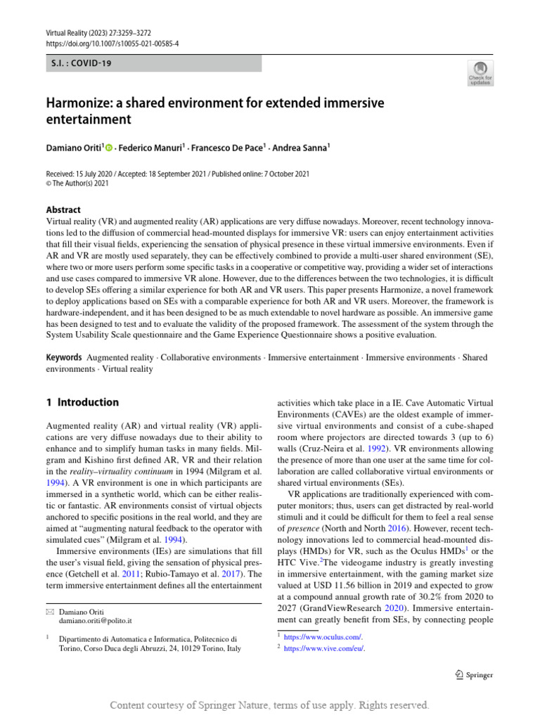 Harmonize: AR/VR Shared Environments Framework | PDF | Virtual Reality ...