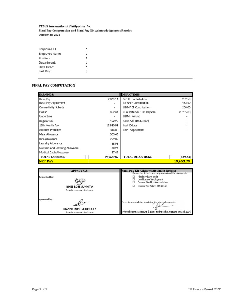 TELUS Final Pay Computation Receipt | PDF | Receipt | Business