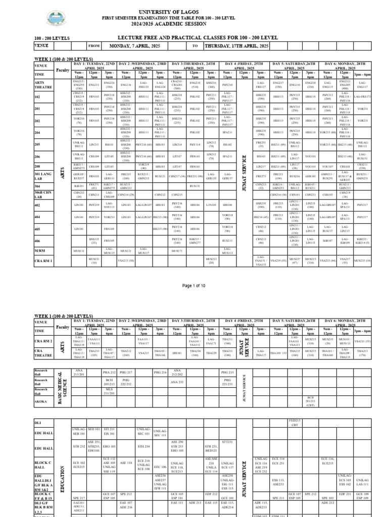 UNILAG 2024/2025 Exam Timetable 100-200 Level | PDF | Public Services ...