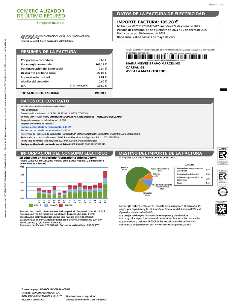 Factura de electricidad enero 2025 | PDF | Electricidad | Energia electrica