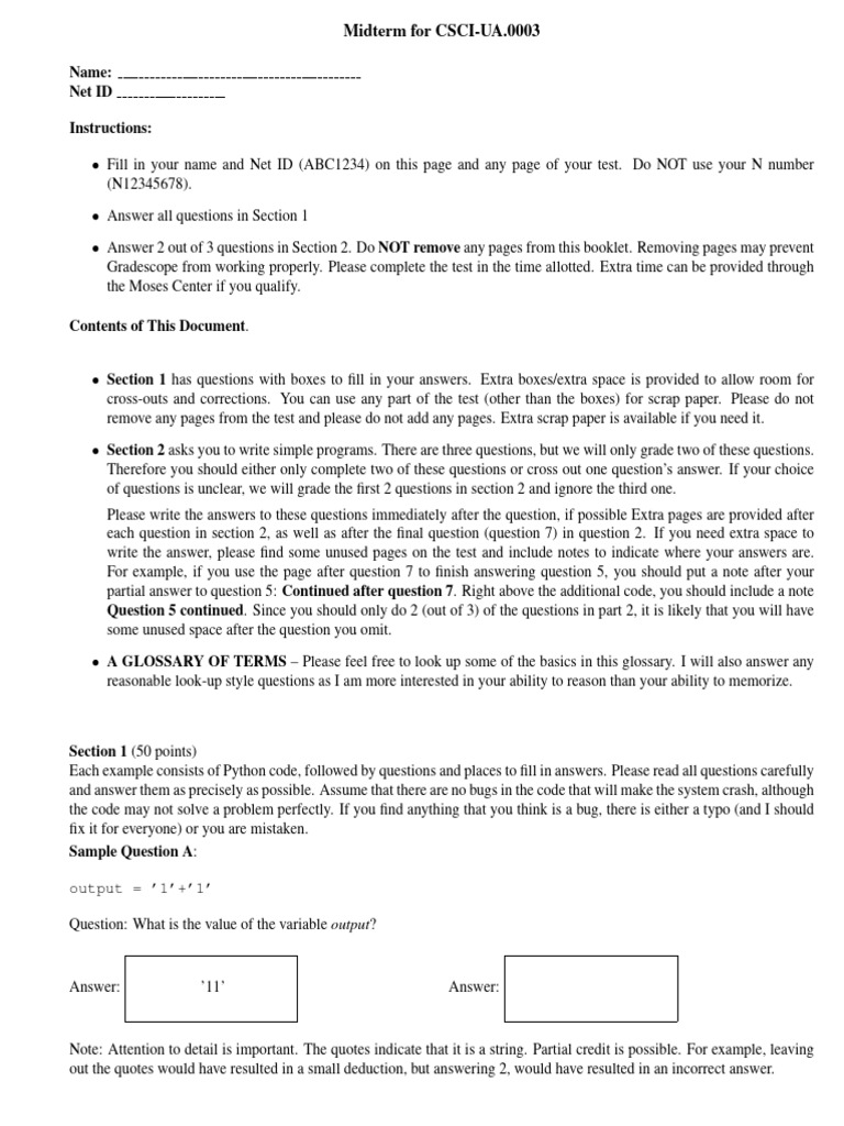 CSCI-UA.0003 Midterm Exam Instructions | PDF | Control Flow | Parameter ...