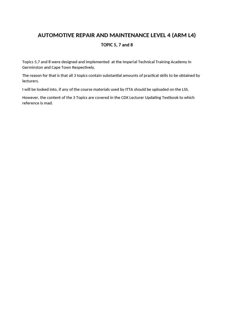 Automotive Repair Level 4 Topics Overview | PDF