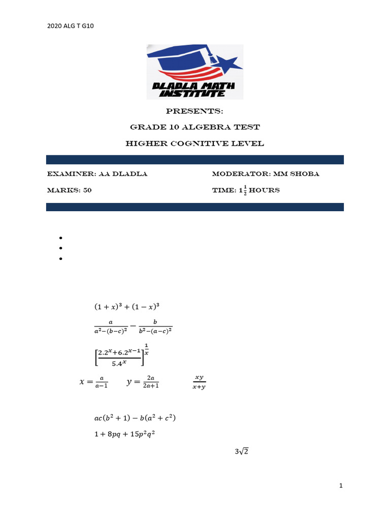 Grade 10 Algebra Test Paper | PDF