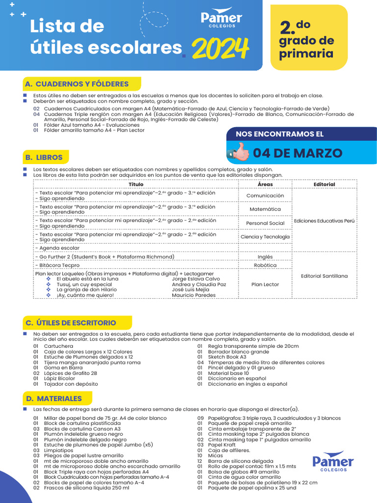 Lista de Útiles Presencial - 2024 - 2do Grado de Primaria | PDF ...