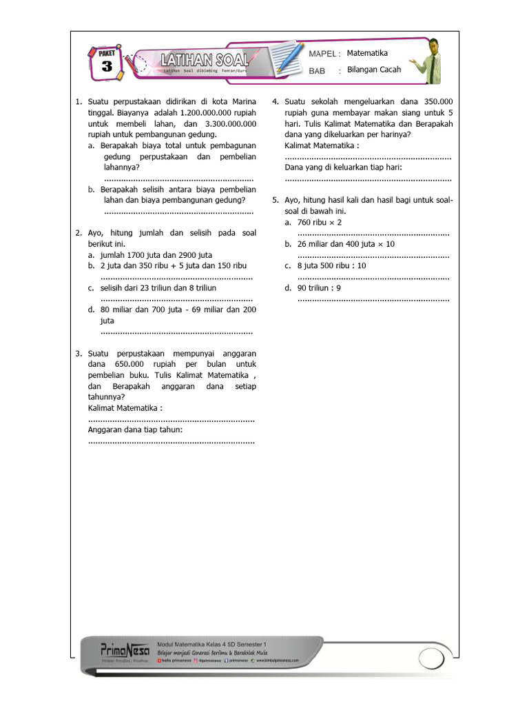 Soal Matematika Bilangan Cacah Kelas 4-5 | PDF