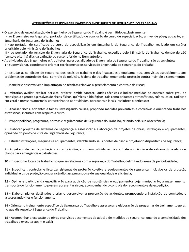 Atribuições do Engenheiro de Segurança | PDF | Engenharia | Segurança e ...
