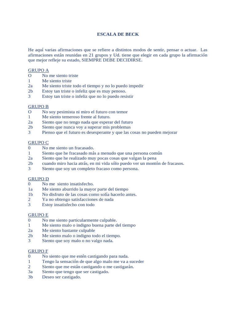 Escala de Beck: Evaluación de la Depresión | PDF