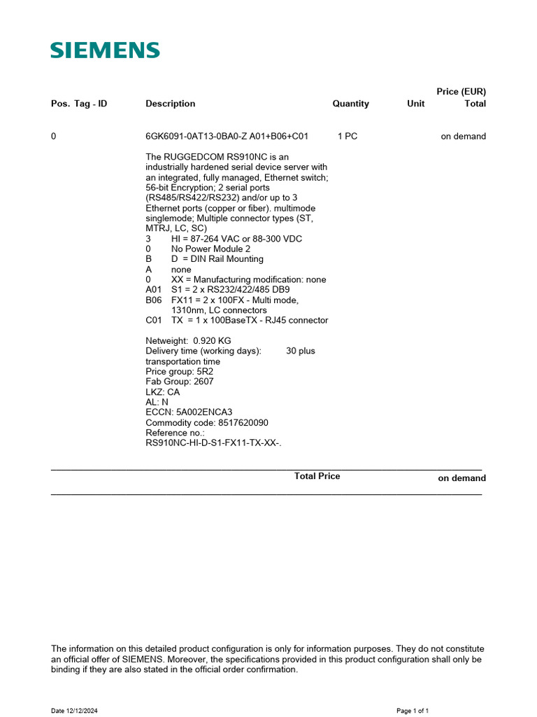 RUGGEDCOM RS910NC Product Configuration | PDF