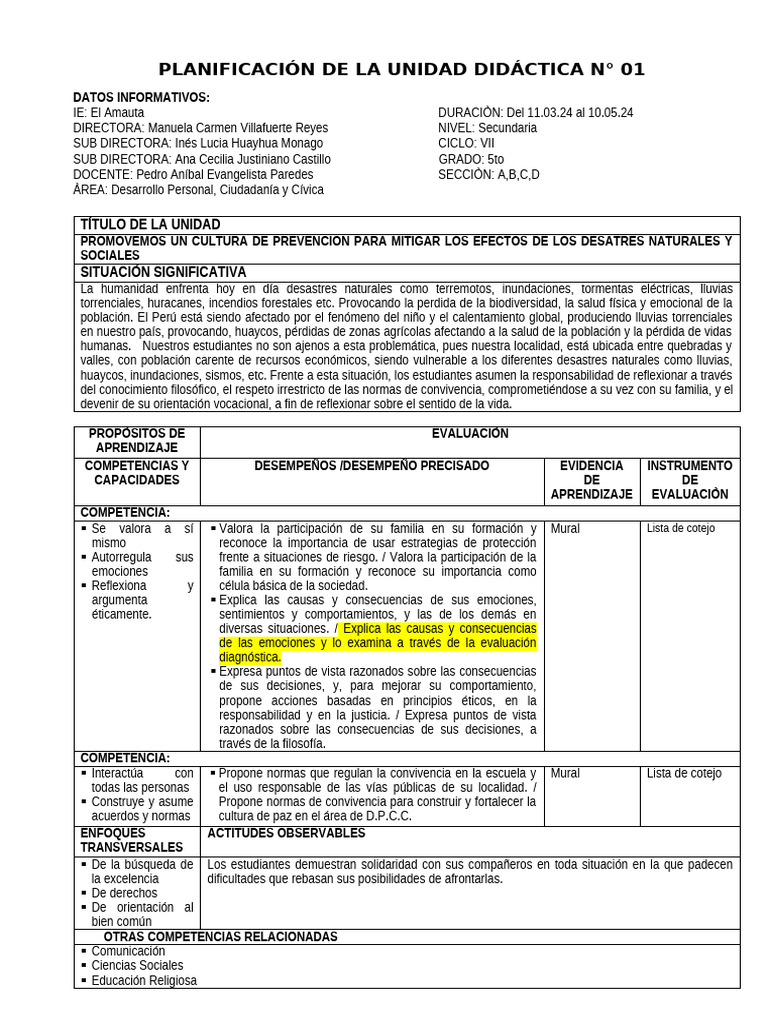 Unidad de Aprendizaje #01 DPCC 5to 2024 Paep | PDF | Salón de clases ...