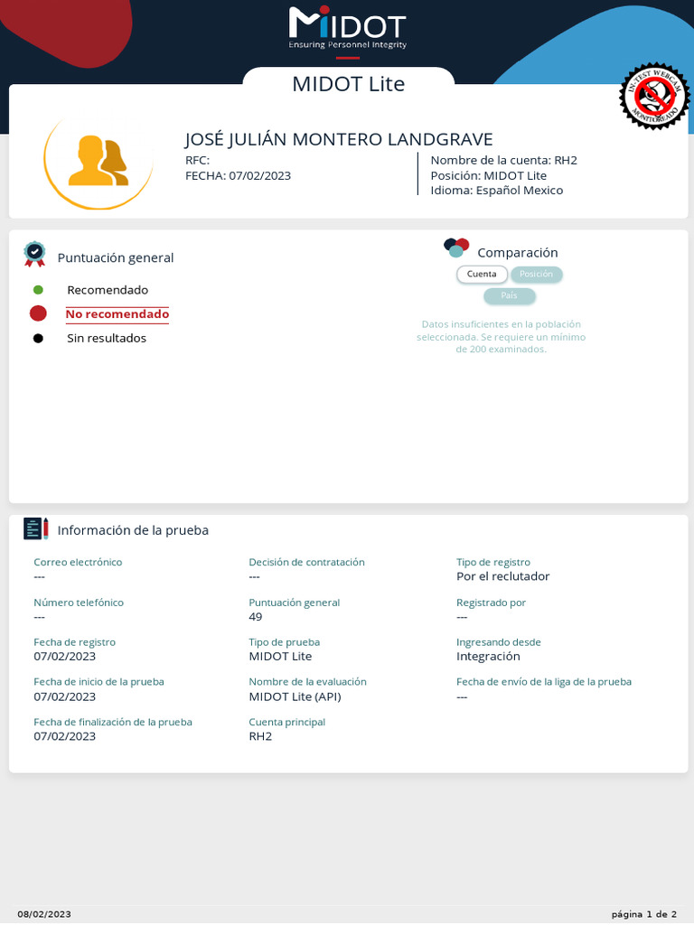 Evaluación MIDOT Lite: Riesgo Laboral 49 | PDF