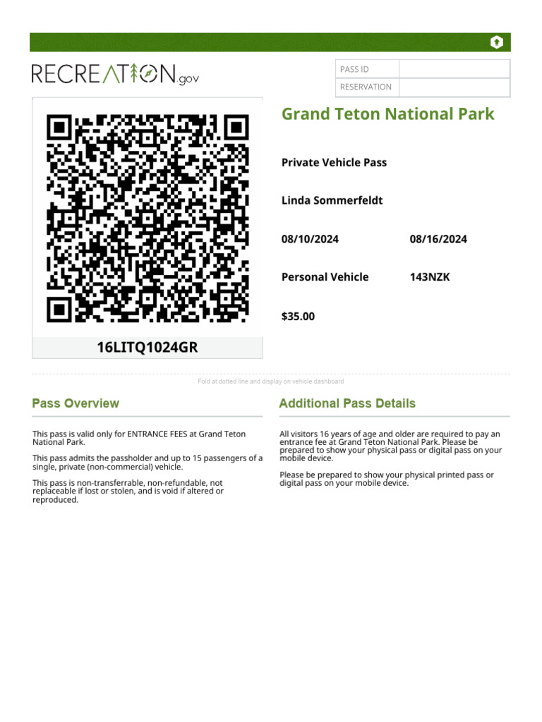Private Vehicle Pass - Grand Teton National Park | PDF | Vehicles ...