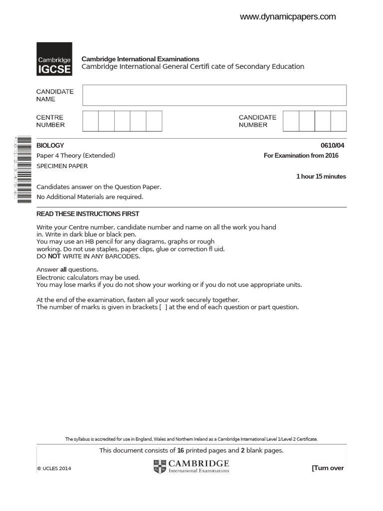 Cambridge IGCSE Biology Paper 4 Specimen | PDF | Genotype | Dominance ...