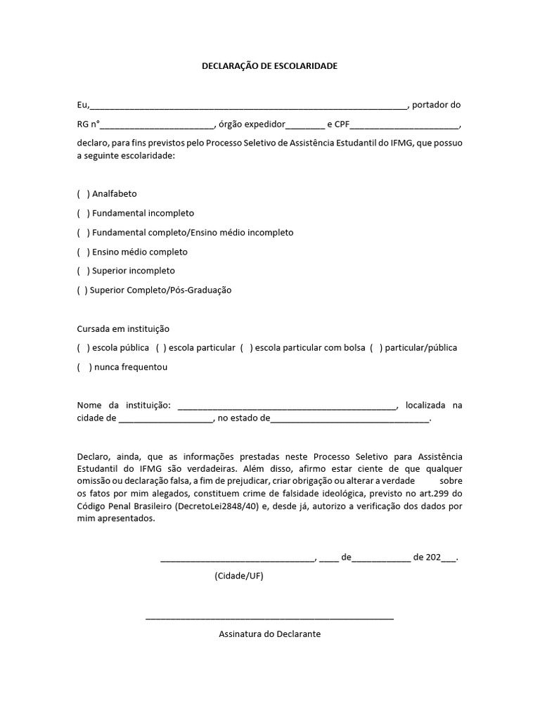Declaração de Escolaridade IFMG | PDF