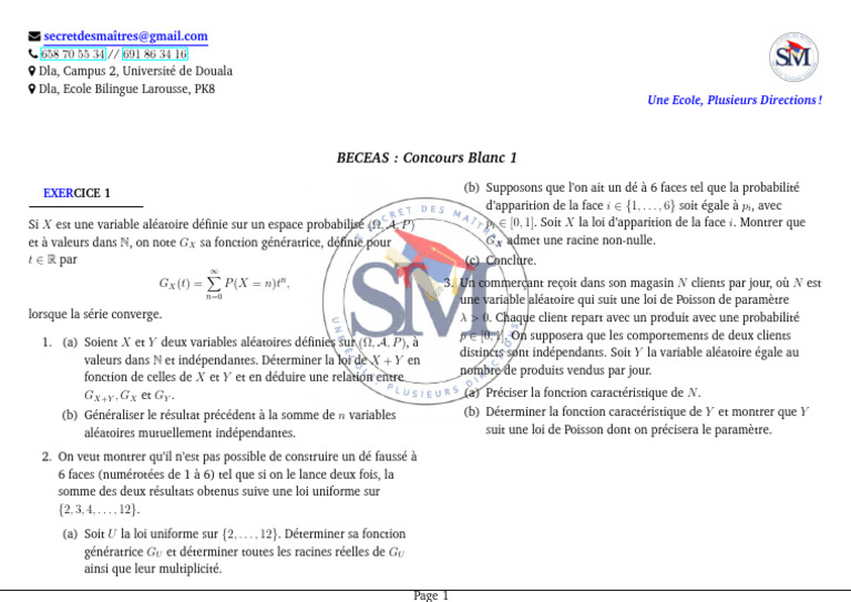 Concours Blanc BECEAS : Exercice 1 | PDF | Variable aléatoire | Mesure ...