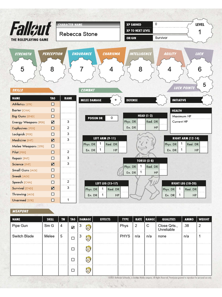 Fallout Example 2d20 Character Sheet | PDF