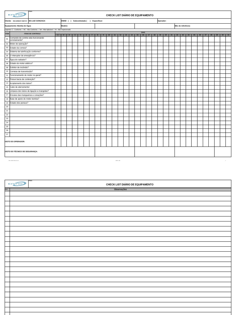 Check List Diário de Equipamento Bomba | PDF