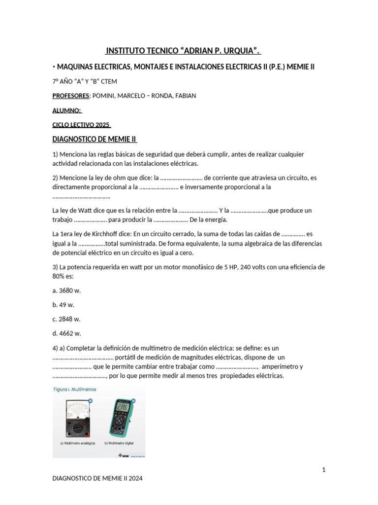 Diagnostico de Memie Ii 2025 | PDF | Corriente eléctrica | Transformador