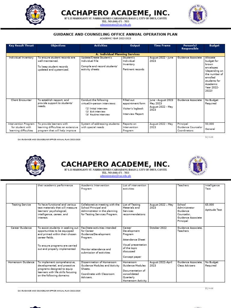 CAI Guidance Counseling Annual Plan 2022-2023 | PDF | School Counselor ...