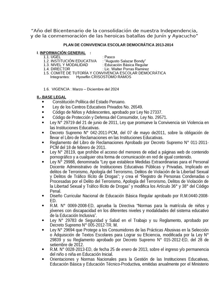Plan de Convivencia Escolar 2024 | PDF | Democracia | Ideologías políticas