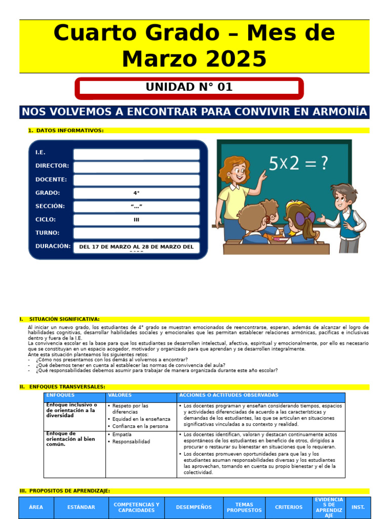 4º Grado - Unidad de Aprendizaje #01 - Marzo 2025 | PDF | Amistad ...