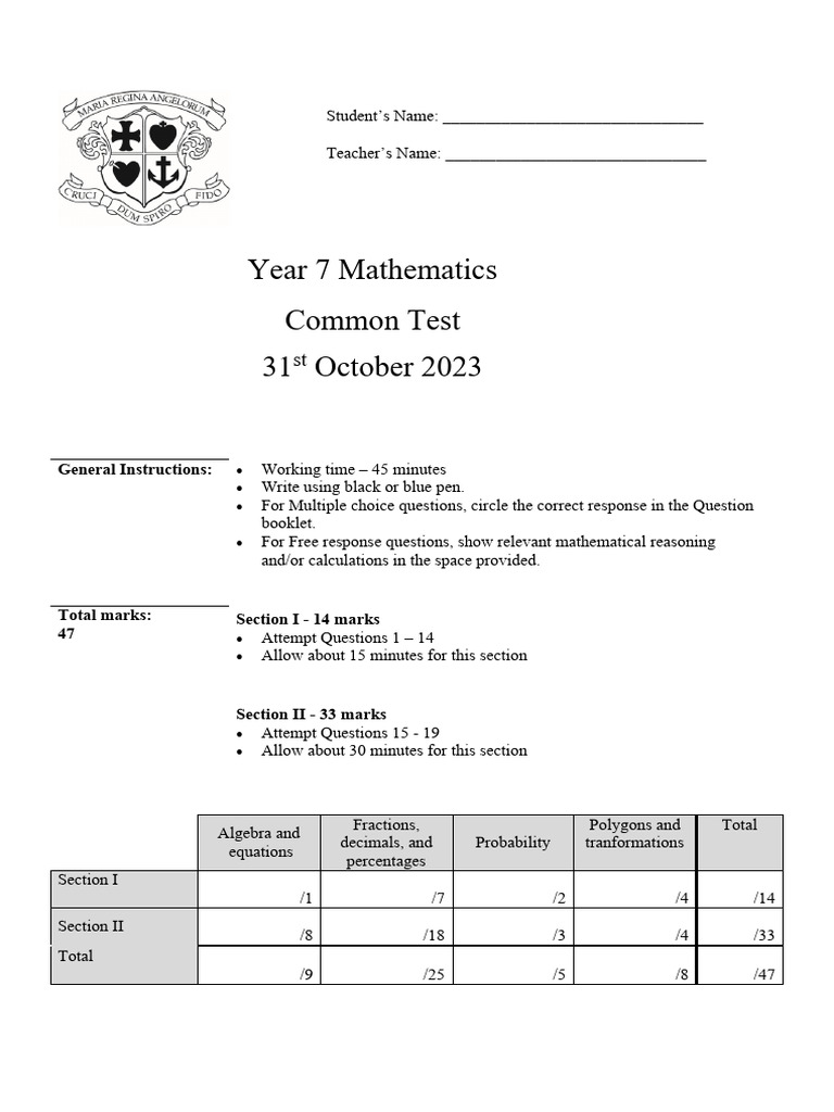 Year 7 Mathematics Common Test 2023 | PDF | Mathematics | Elementary ...