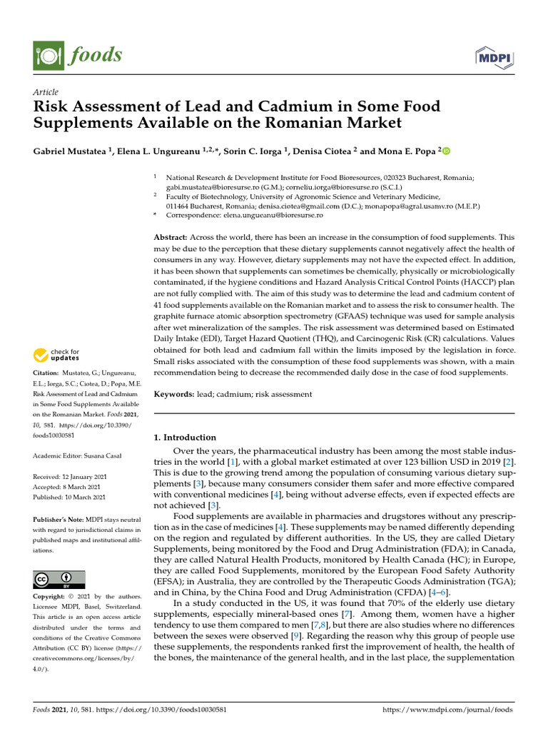 Risk Assessment of Lead and Cadmium in Some Food | PDF | Dietary ...