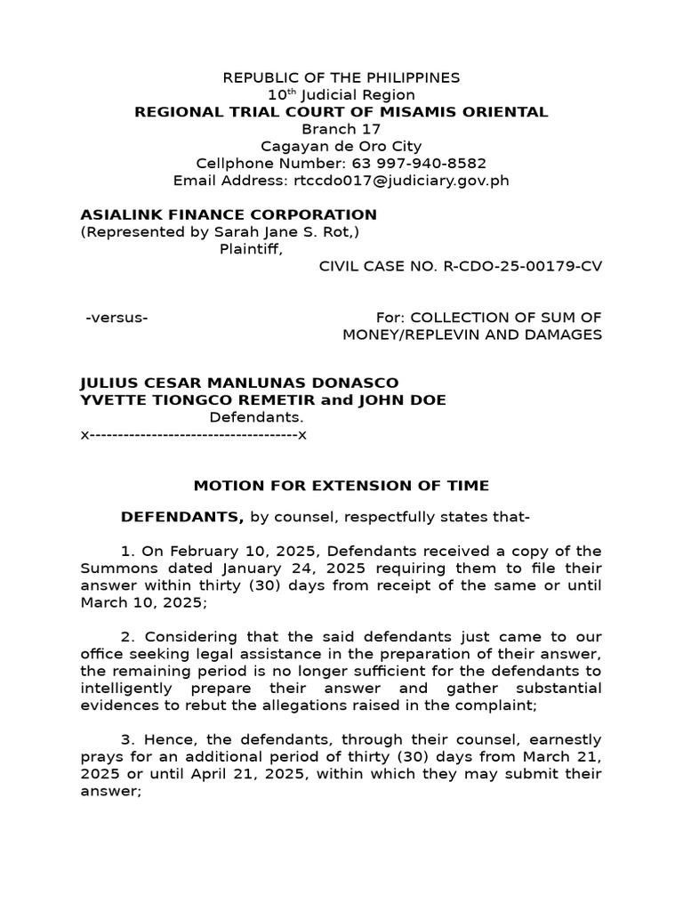 MOTION FOR EXTENSION OF TIME Donasco | PDF | Lawsuit | Judiciaries