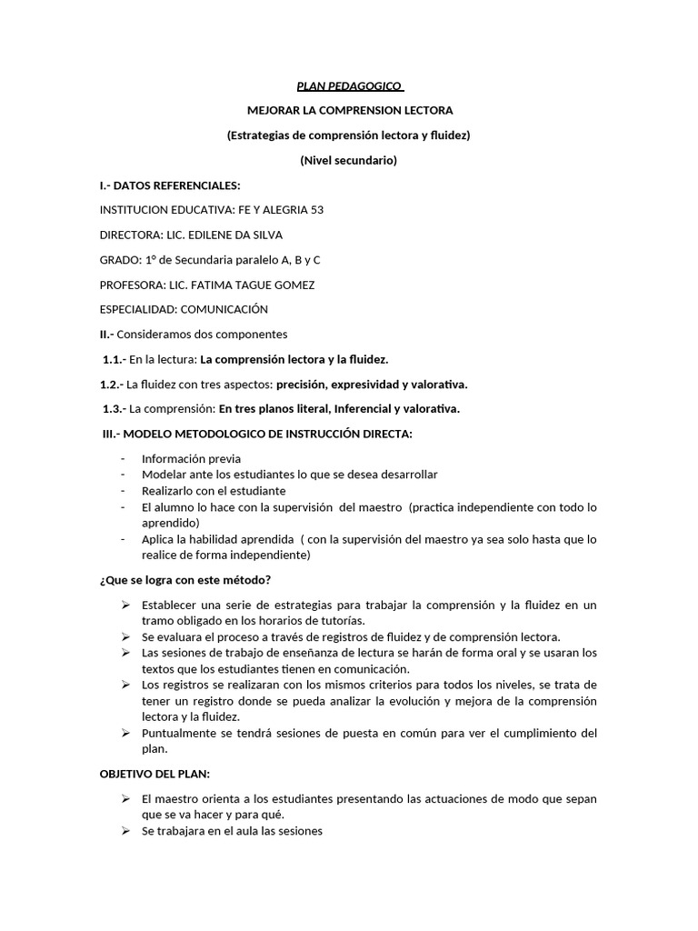 Plan de Mejora en Comprensión Lectora | PDF | Comprensión lectora ...