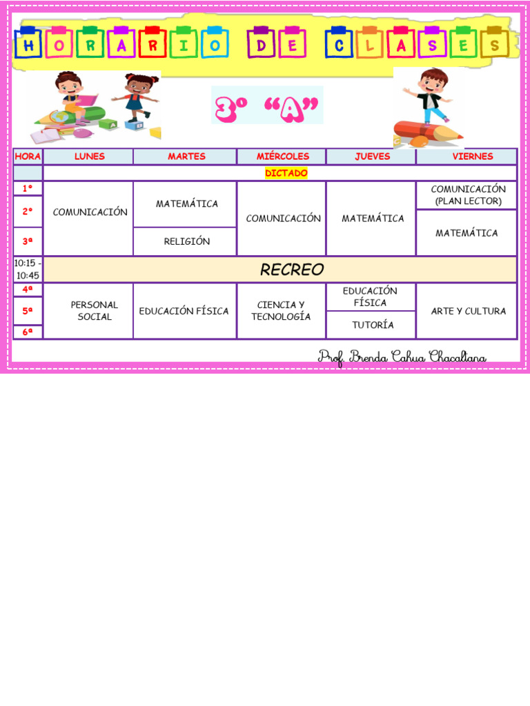 Horario Clases 3A - Prof. Brenda Cahua | PDF