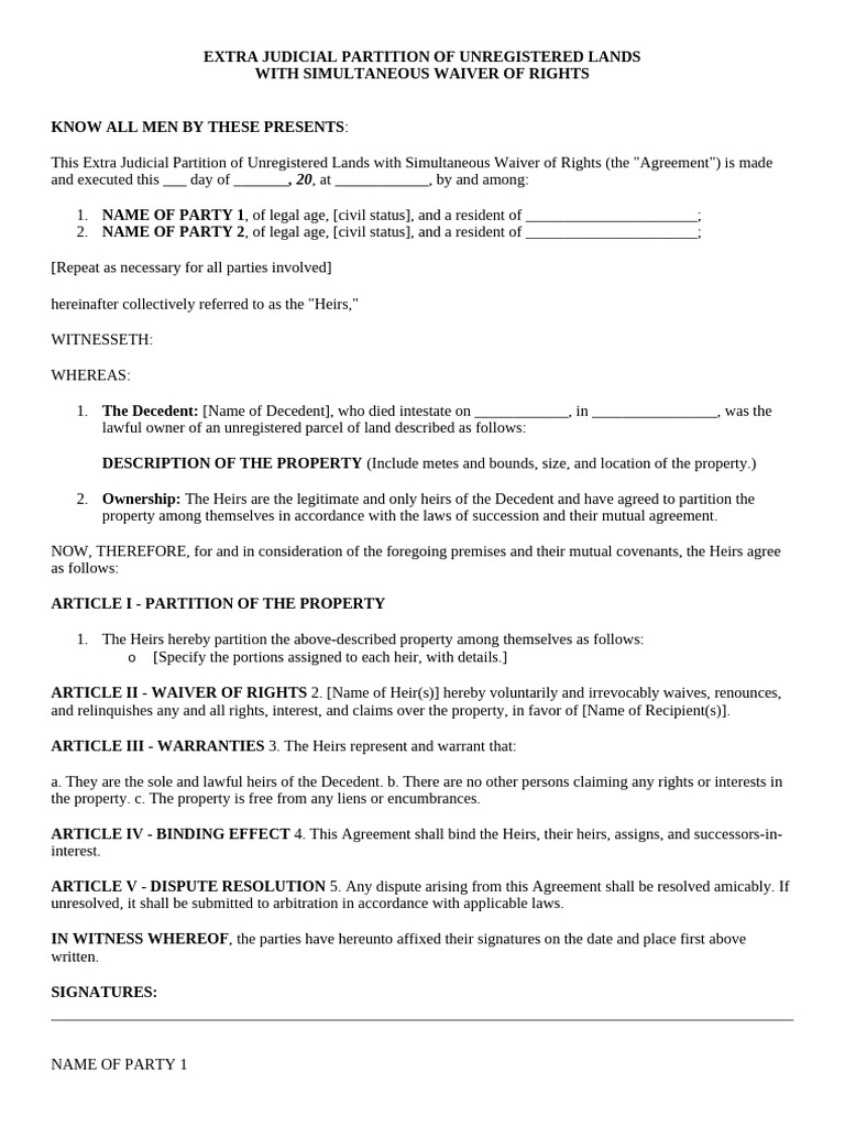 Extra Judicial Partition Agreement | PDF | Inheritance | Common Law